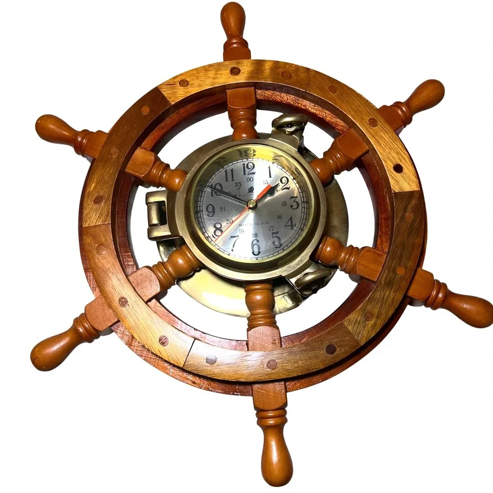 Vintage Nautical Ship Wheel Wall Clock Solid Brass Wood Porthole Untested 18.5in